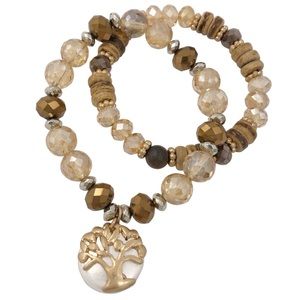 Brown Glass & Coco Bead Tree of Life Gold Silver Charm Stretch Bracelet Set